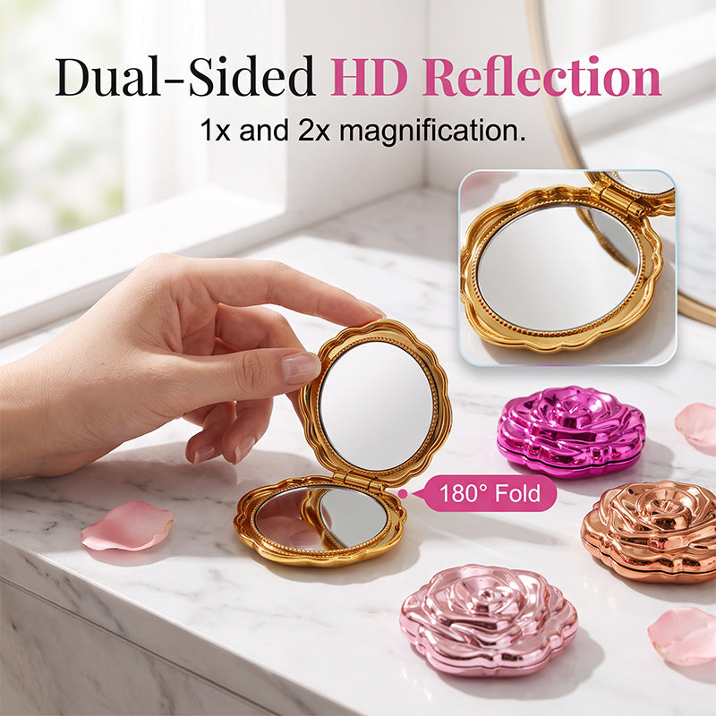 Miroir de maquillage pliable élégant couleur or rose