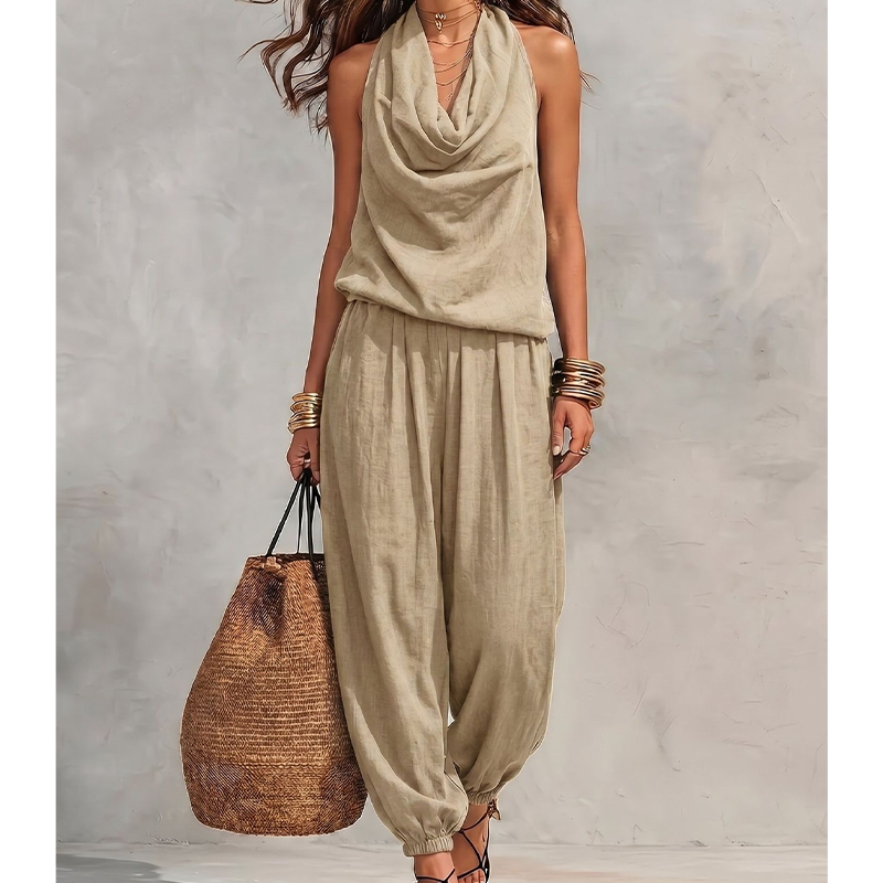 ✨ 50% DE RÉDUCTION ! 💃 Combinaison Femme Col Halter Jambe Large – Tissu Premium Respirant, Taille Élastique & Silhouette Fluide – Chic et Polyvalente – Parfaite pour la Plage, le Quotidien et les Soirées 🌸👗
