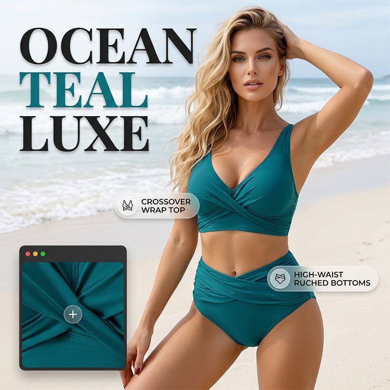 🌸 -50% PROMO LIMITÉE ! ⏰👙 Ensemble bikini taille haute à plis sculptant — Modèle enveloppant à col V élégant, séchage rapide et gainant le ventre ✨