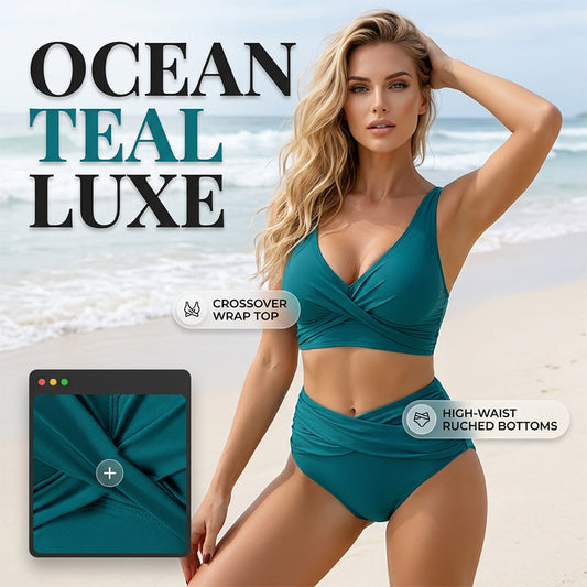 🌸 -50% PROMO LIMITÉE ! ⏰👙 Ensemble bikini taille haute à plis sculptant — Modèle enveloppant à col V élégant, séchage rapide et gainant le ventre ✨