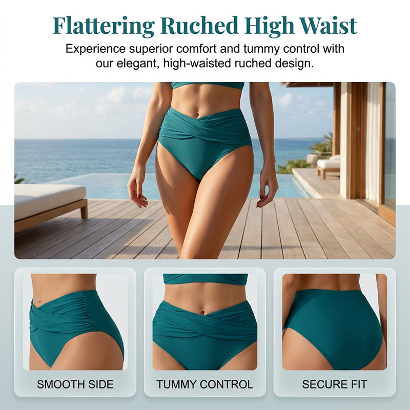 🌸 -50% PROMO LIMITÉE ! ⏰👙 Ensemble bikini taille haute à plis sculptant — Modèle enveloppant à col V élégant, séchage rapide et gainant le ventre ✨