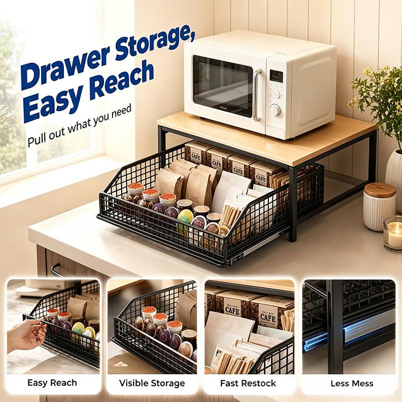 🏠 50% DE RÉDUCTION! 🍳 Support Micro-Ondes 2 niveaux avec tiroir coulissant – Gain de place, étagère surélevée & panier intégré – Idéal pour cuisine, café & dortoir ✨
