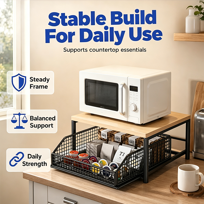 🏠 50% DE RÉDUCTION! 🍳 Support Micro-Ondes 2 niveaux avec tiroir coulissant – Gain de place, étagère surélevée & panier intégré – Idéal pour cuisine, café & dortoir ✨