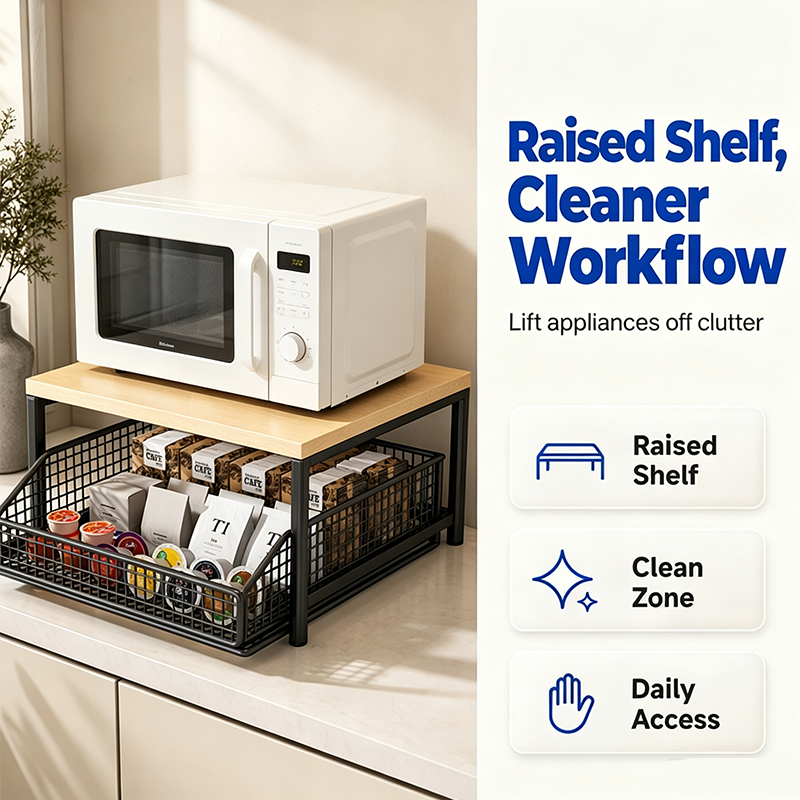 🏠 50% DE RÉDUCTION! 🍳 Support Micro-Ondes 2 niveaux avec tiroir coulissant – Gain de place, étagère surélevée & panier intégré – Idéal pour cuisine, café & dortoir ✨