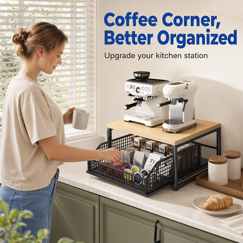 🏠 50% DE RÉDUCTION! 🍳 Support Micro-Ondes 2 niveaux avec tiroir coulissant – Gain de place, étagère surélevée & panier intégré – Idéal pour cuisine, café & dortoir ✨