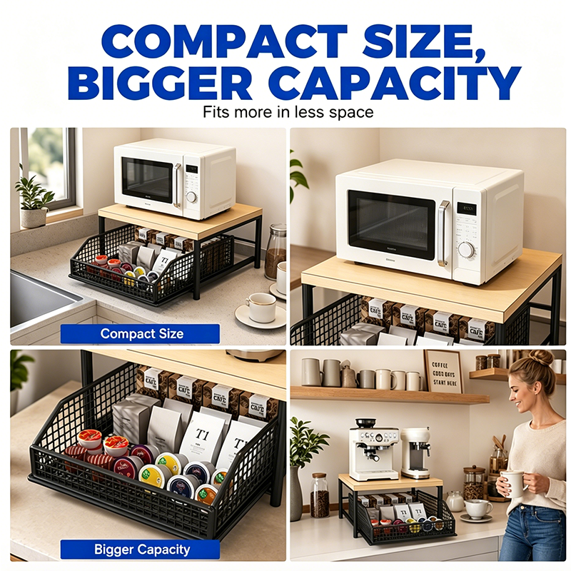 🏠 50% DE RÉDUCTION! 🍳 Support Micro-Ondes 2 niveaux avec tiroir coulissant – Gain de place, étagère surélevée & panier intégré – Idéal pour cuisine, café & dortoir ✨