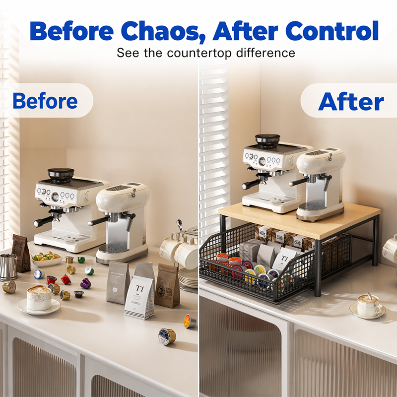 🏠 50% DE RÉDUCTION! 🍳 Support Micro-Ondes 2 niveaux avec tiroir coulissant – Gain de place, étagère surélevée & panier intégré – Idéal pour cuisine, café & dortoir ✨