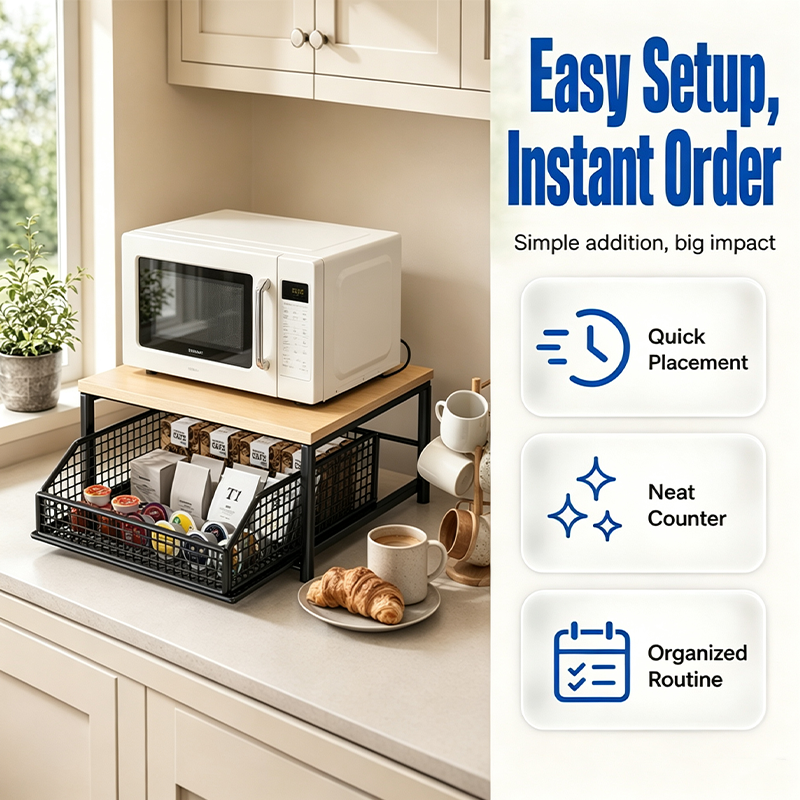 🏠 50% DE RÉDUCTION! 🍳 Support Micro-Ondes 2 niveaux avec tiroir coulissant – Gain de place, étagère surélevée & panier intégré – Idéal pour cuisine, café & dortoir ✨