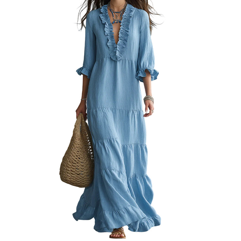 🔥 50% DE RÉDUCTION ! 👗 Robe Maxi Étagée à Col V Volantée pour Femme – Tissu Léger Premium, Coupe Aérienne & Style Polyvalent – Idéale pour l’Été, la Plage et les Soirées – 5 Coloris, Tailles S à 2XL 🌸✨