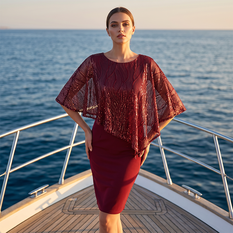 🌙🌸 OFFRE LIMITÉE -50% ! 🦋Robe à paillettes avec cape asymétrique – Détail de cape unique et silhouette épurée, une élégance de soirée sans effort.