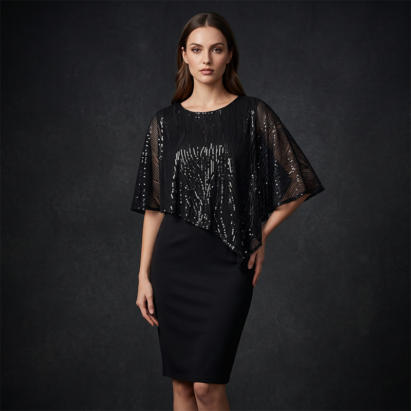 🌙🌸 OFFRE LIMITÉE -50% ! 🦋Robe à paillettes avec cape asymétrique – Détail de cape unique et silhouette épurée, une élégance de soirée sans effort.