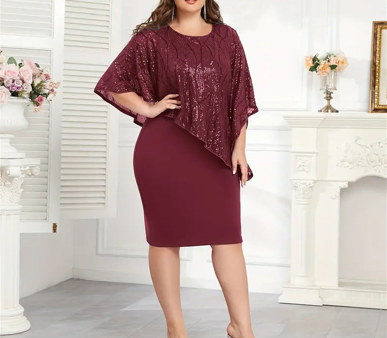 🌙🌸 OFFRE LIMITÉE -50% ! 🦋Robe à paillettes avec cape asymétrique – Détail de cape unique et silhouette épurée, une élégance de soirée sans effort.