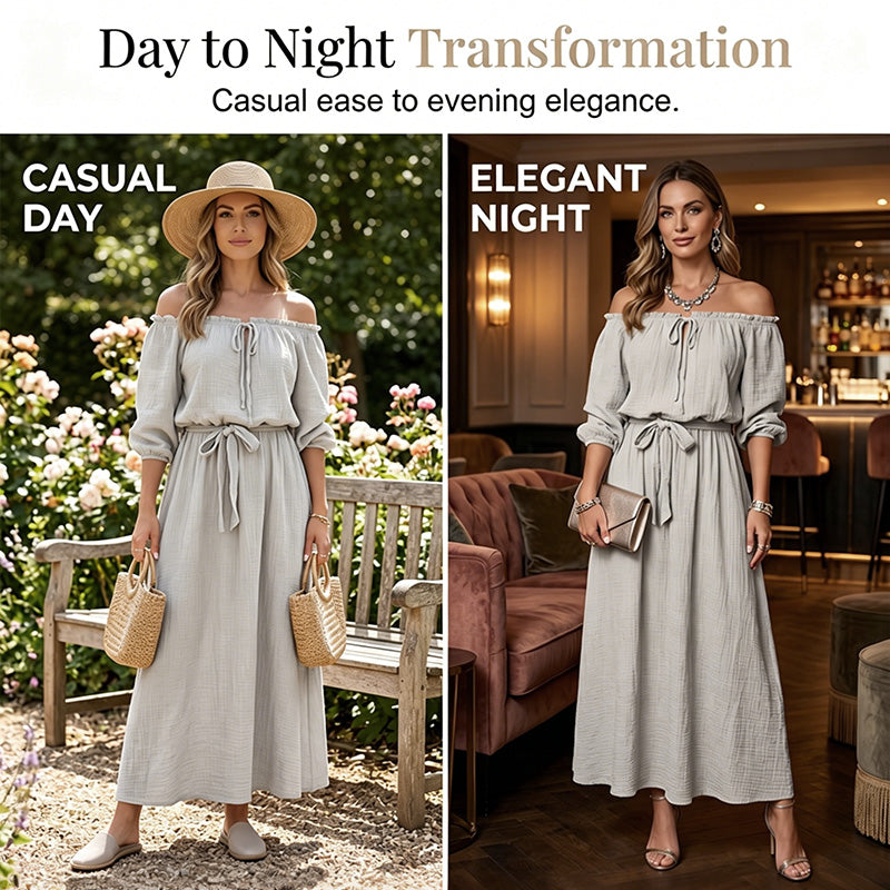 🌸 50% DE RÉDUCTION! 👗 Robe Maxi Épaules Dénudées – Taille cinée, fluide & romantique – Idéale pour l'été et les vacances ☀️
