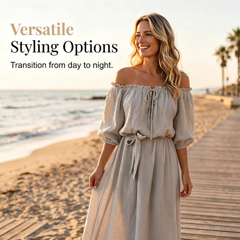 🌸 50% DE RÉDUCTION! 👗 Robe Maxi Épaules Dénudées – Taille cinée, fluide & romantique – Idéale pour l'été et les vacances ☀️