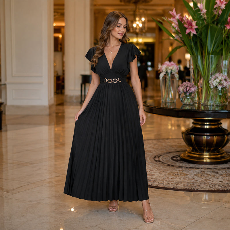 🎉 Soldes 2026 — Plus de 35 000 vendus ! 💃 Robe Maxi Plissée Fluide – Col V, Manches à Volants, Ceinture Métallique 🌸