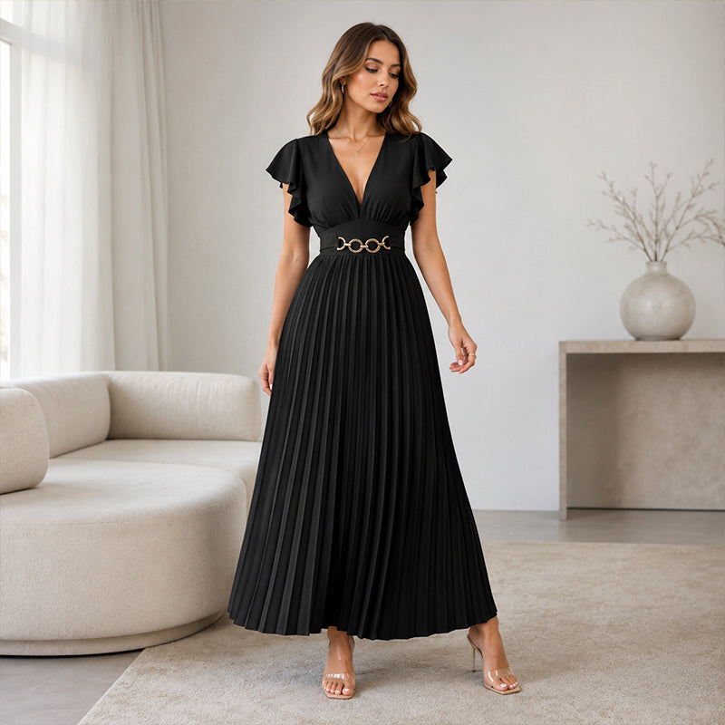 🎉 Soldes 2026 — Plus de 35 000 vendus ! 💃 Robe Maxi Plissée Fluide – Col V, Manches à Volants, Ceinture Métallique 🌸