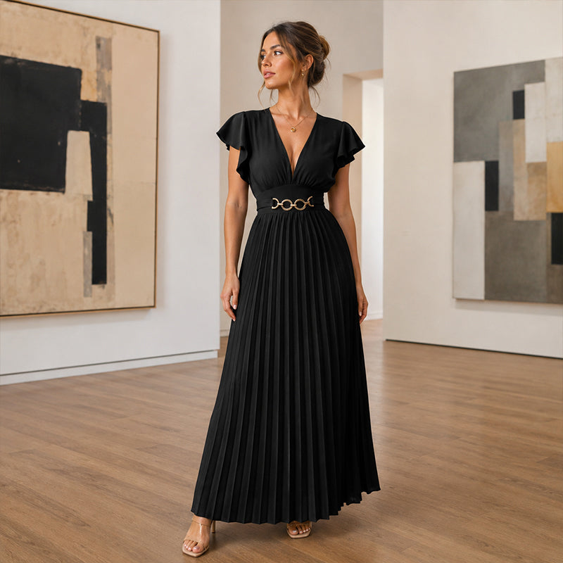 🎉 Soldes 2026 — Plus de 35 000 vendus ! 💃 Robe Maxi Plissée Fluide – Col V, Manches à Volants, Ceinture Métallique 🌸