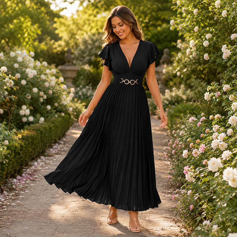 🎉 Soldes 2026 — Plus de 35 000 vendus ! 💃 Robe Maxi Plissée Fluide – Col V, Manches à Volants, Ceinture Métallique 🌸