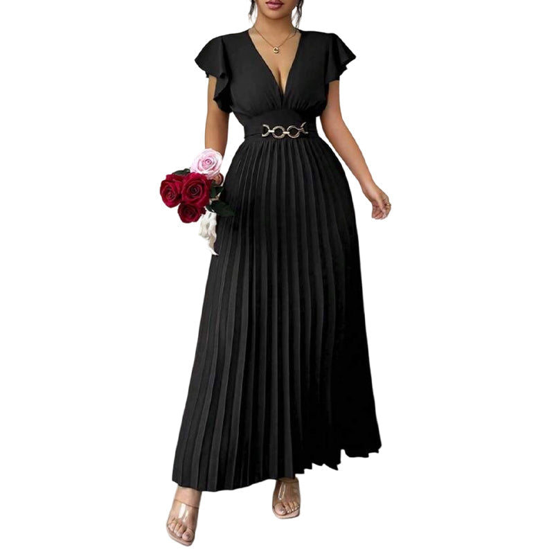 🎉 Soldes 2026 — Plus de 35 000 vendus ! 💃 Robe Maxi Plissée Fluide – Col V, Manches à Volants, Ceinture Métallique 🌸