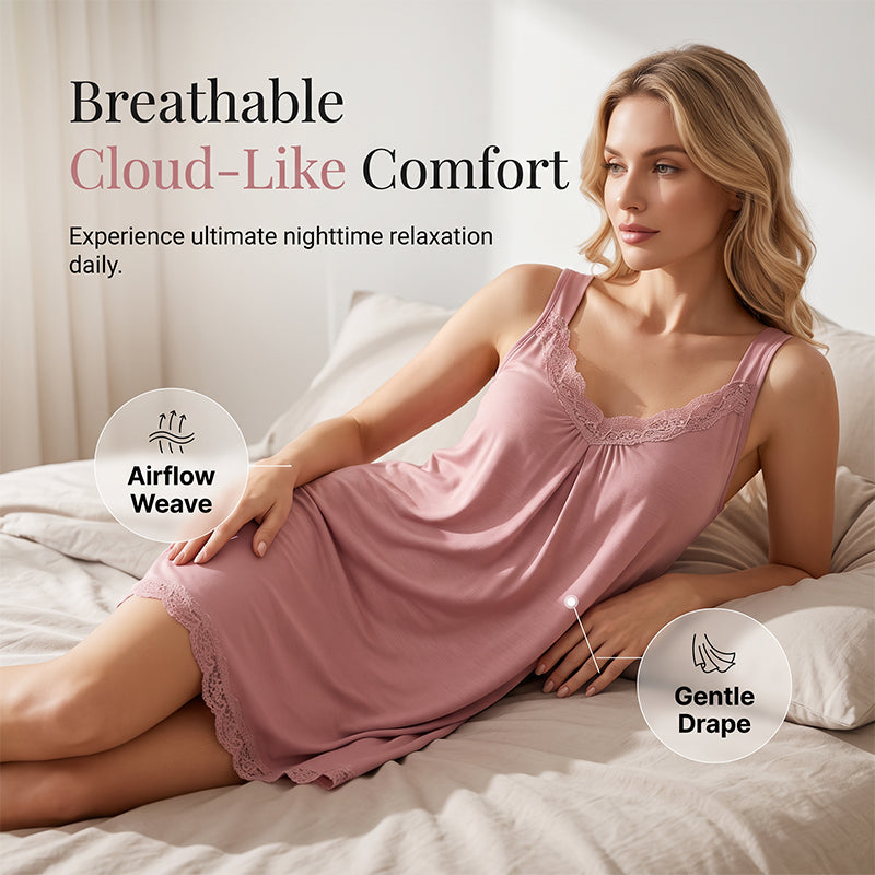 🌙 OFFRE LIMITÉE -50% ! 👗 Chemise de Nuit Femme Dentelle Col V – Tissu Modal Doux, Respirant & Élégant ✨