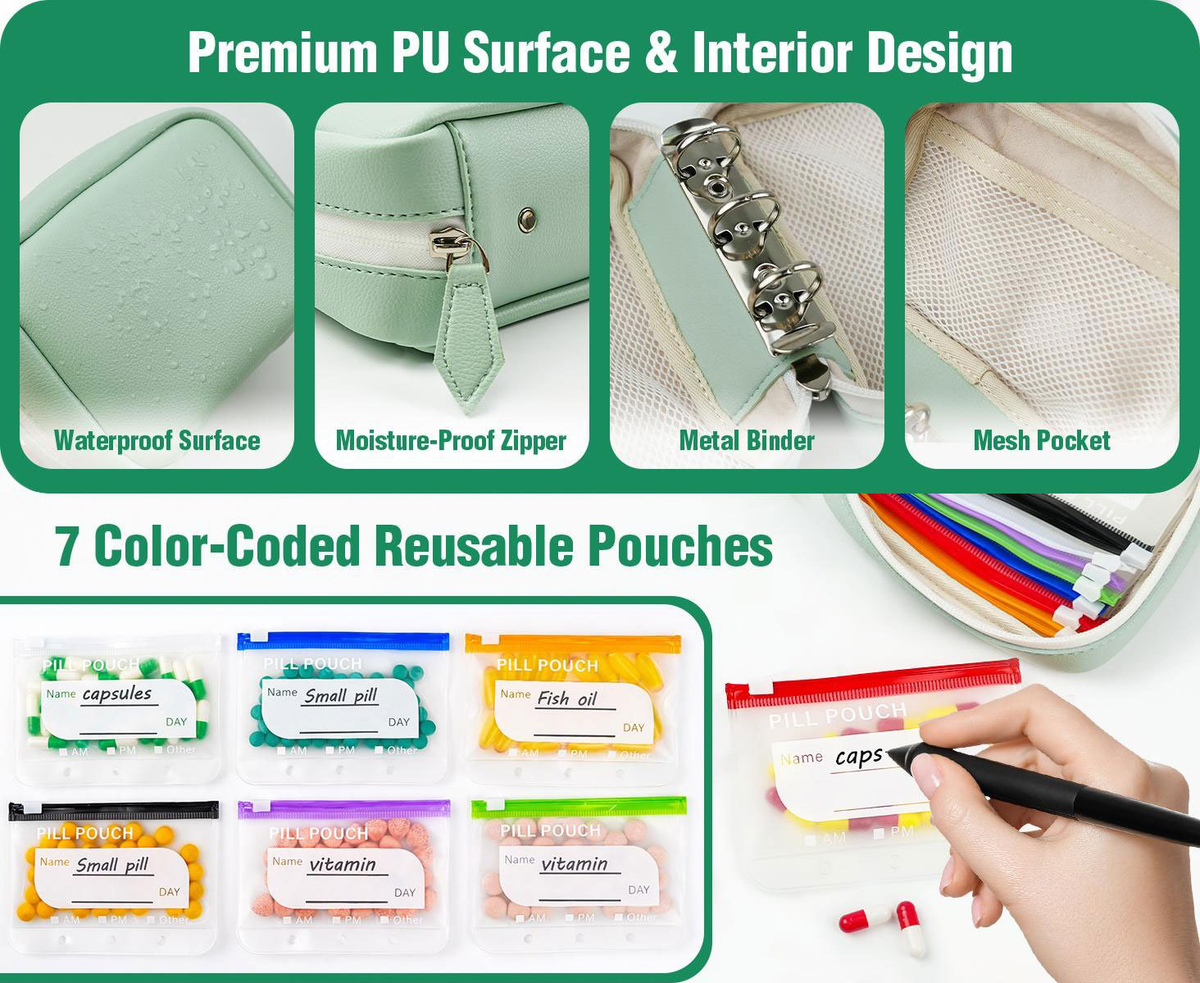 💊🛒 -50% ! 🗂️Organisateur de Médicaments A8 Étanche – 14 Grandes Pochettes Zippées, Code Couleur & Design Discret.
