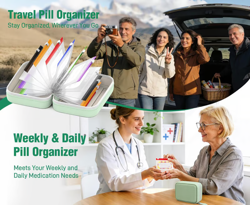💊🛒 -50% ! 🗂️Organisateur de Médicaments A8 Étanche – 14 Grandes Pochettes Zippées, Code Couleur & Design Discret.