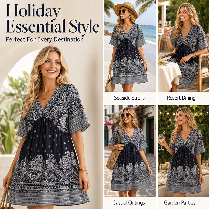 🌿☀️ PROMO LIMITÉE -50% ! 🌸Robe Femme Fleurie Col V – Imprimés éclatants & manches légères – Parfaite pour les balades ensoleillées au jardin.