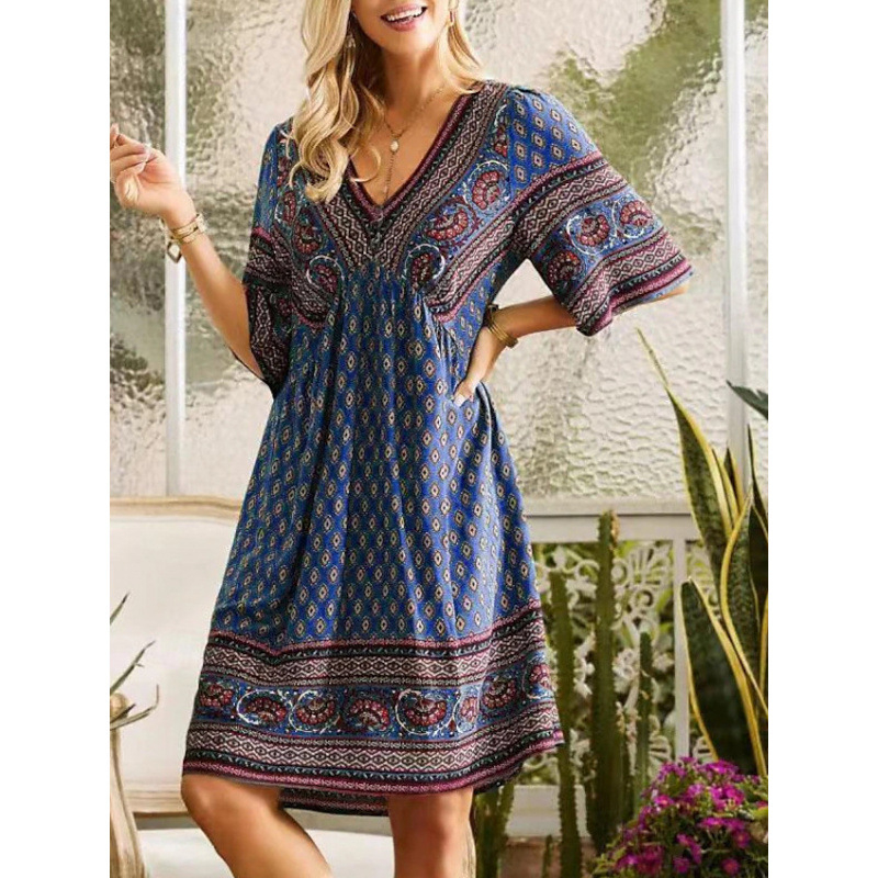🌿☀️ PROMO LIMITÉE -50% ! 🌸Robe Femme Fleurie Col V – Imprimés éclatants & manches légères – Parfaite pour les balades ensoleillées au jardin.