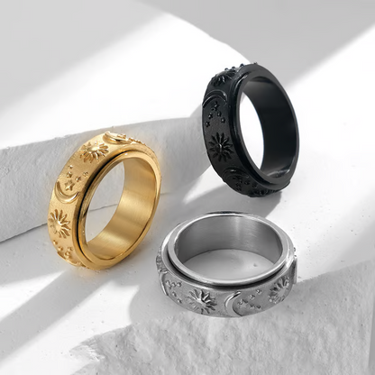✨ 50% DE RÉDUCTION ! 💍 Bague Rotative Anti-Stress Soleil Lune Étoiles – Métal de Qualité – 360° & Hypoallergénique for Couple