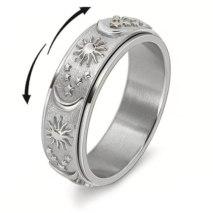 ✨ 50% DE RÉDUCTION ! 💍 Bague Rotative Anti-Stress Soleil Lune Étoiles – Métal de Qualité – 360° & Hypoallergénique for Couple