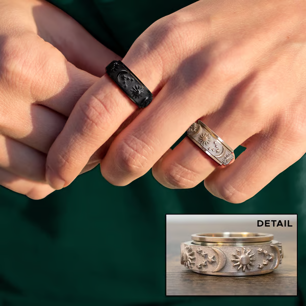 ✨ 50% DE RÉDUCTION ! 💍 Bague Rotative Anti-Stress Soleil Lune Étoiles – Métal de Qualité – 360° & Hypoallergénique for Couple