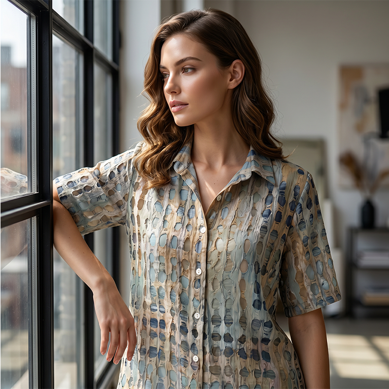 👚-50% MAINTENANT ! 🌸Blouse d'été à col pour femme – Motif abstrait, coupe ample et aérée, légère et respirante, parfaite pour les chaudes journées ✨