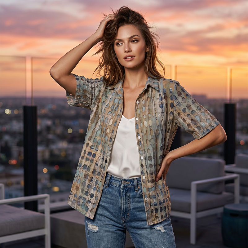 👚-50% MAINTENANT ! 🌸Blouse d'été à col pour femme – Motif abstrait, coupe ample et aérée, légère et respirante, parfaite pour les chaudes journées ✨