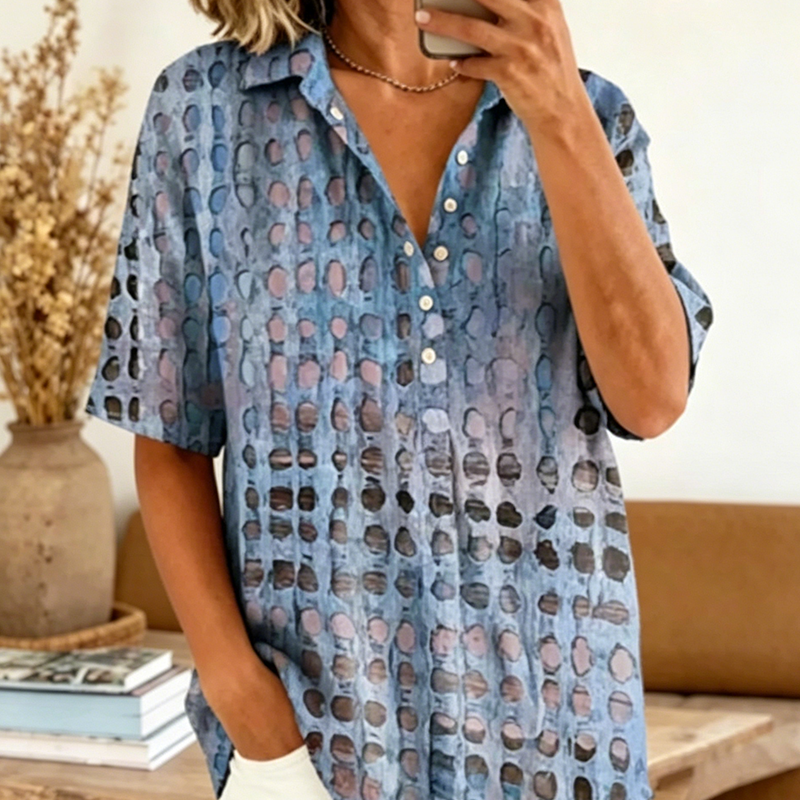 👚-50% MAINTENANT ! 🌸Blouse d'été à col pour femme – Motif abstrait, coupe ample et aérée, légère et respirante, parfaite pour les chaudes journées ✨