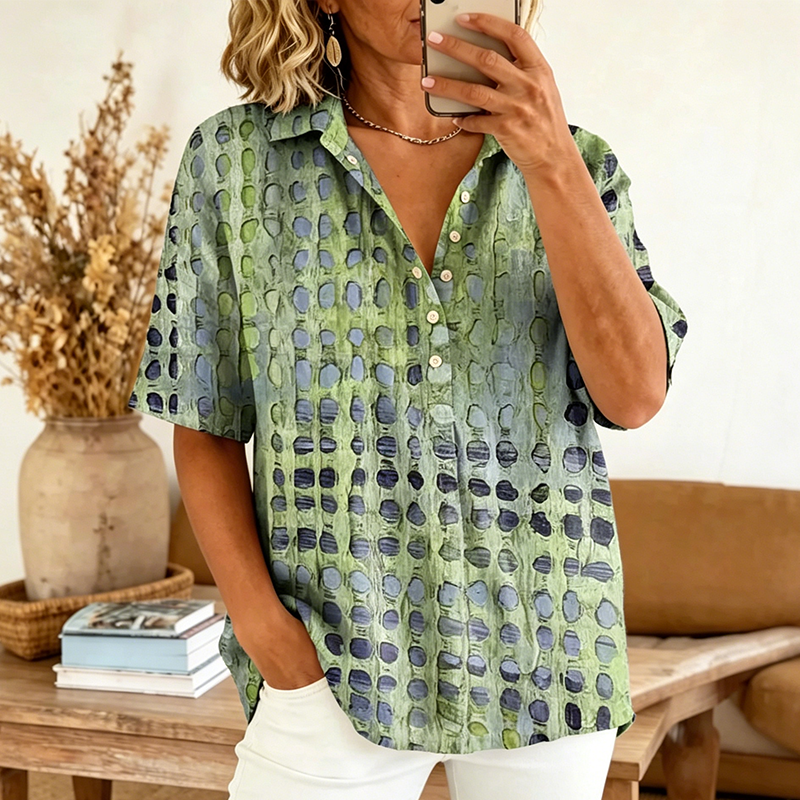 👚-50% MAINTENANT ! 🌸Blouse d'été à col pour femme – Motif abstrait, coupe ample et aérée, légère et respirante, parfaite pour les chaudes journées ✨