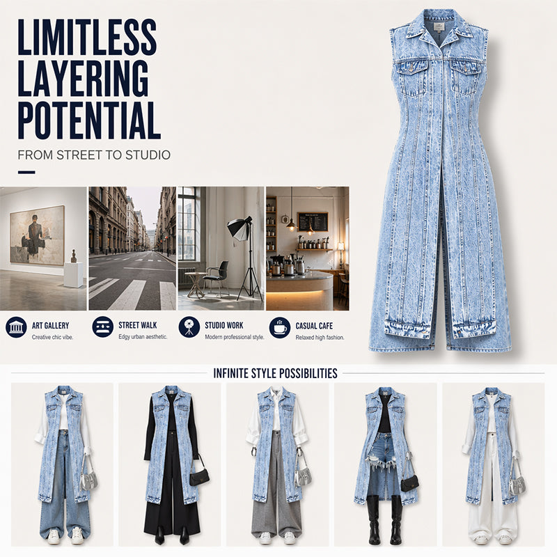 ✨ Soldes 2026 — Plus de 44 000 ventes ! 🧵 Robe Gilet en Jean Sans Manches Fente Haute Femme