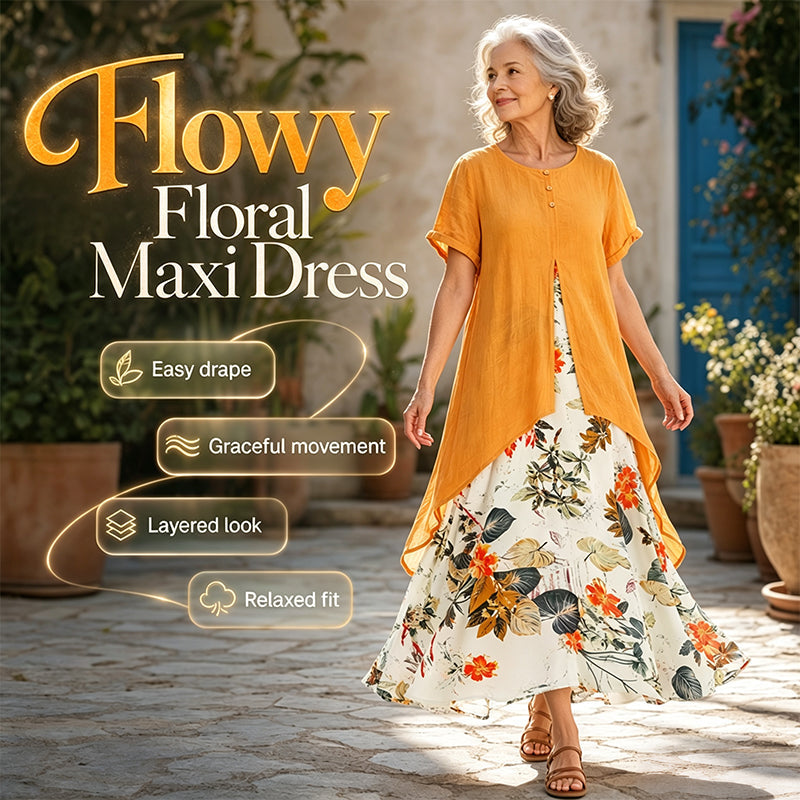 ⏳OFFRE LIMITÉE -50%⏰Robe décontractée à imprimé fleuri effet superposé pour femmes💐👗
