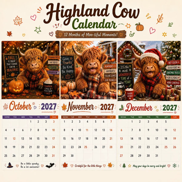 🔥‑50% OFFRE LIMITÉE 🐮 Calendrier mural 2027 Highland Cow humoristique, format A4, déco murale originale 🗓️✨