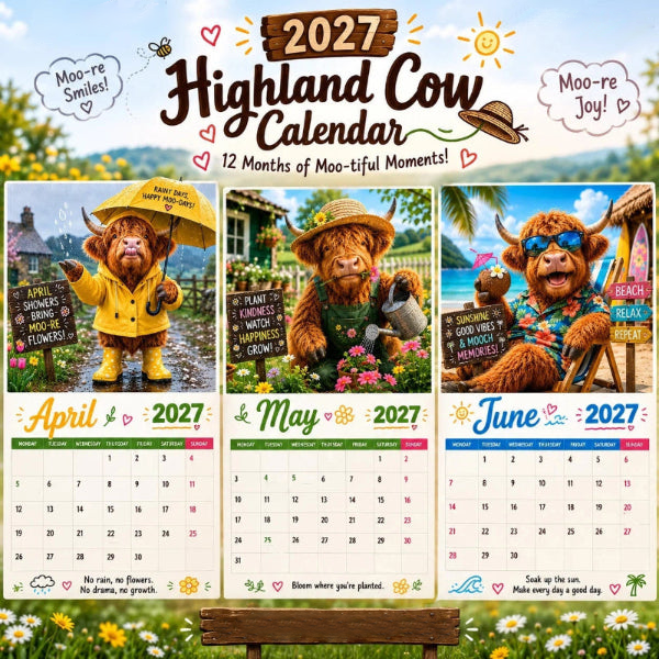 🔥‑50% OFFRE LIMITÉE 🐮 Calendrier mural 2027 Highland Cow humoristique, format A4, déco murale originale 🗓️✨