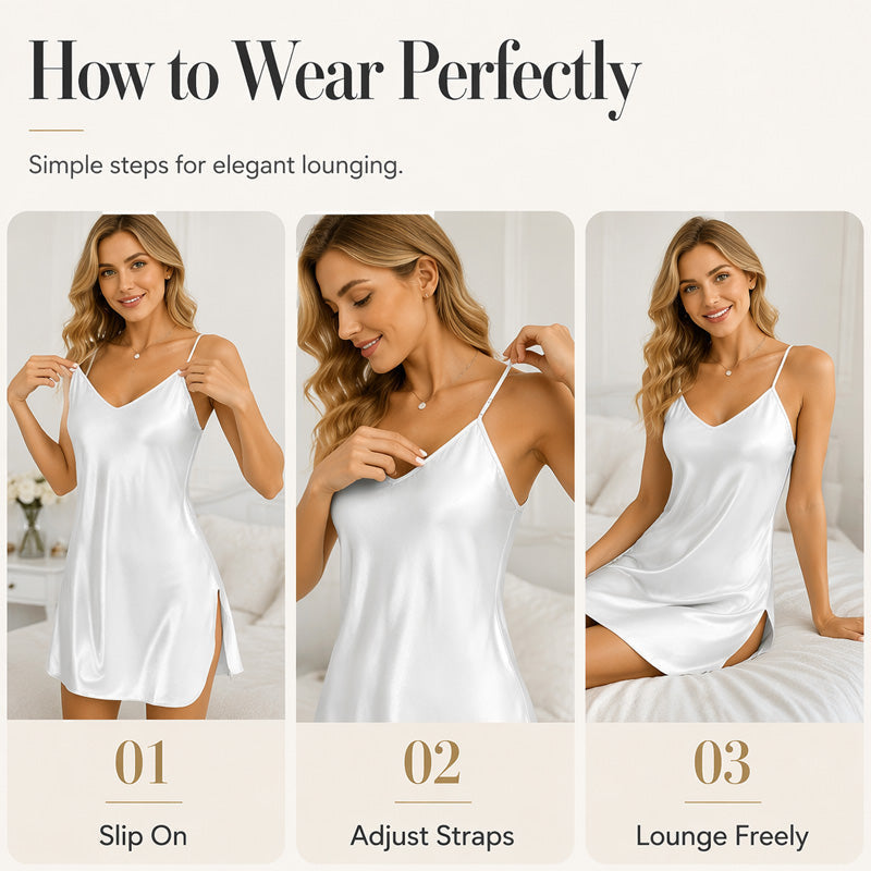 👗 Chemise de Nuit Femme en Satin Unie – Bretelles Fines, Col en V et Fentes Latérales🍃 Robe de sommeil coupe ample sans serrement, plusieurs couleurs unies