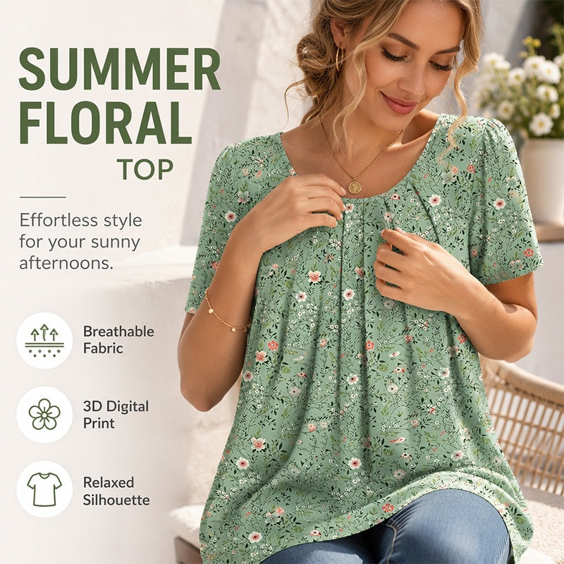 ⏳ Offre limitée -50% ! ⏰ Top Floral Femme Col Rond Manches Courtes 🌸👚