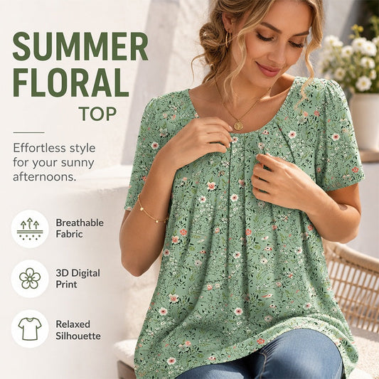 ⏳ Offre limitée -50% ! ⏰ Top Floral Femme Col Rond Manches Courtes 🌸👚