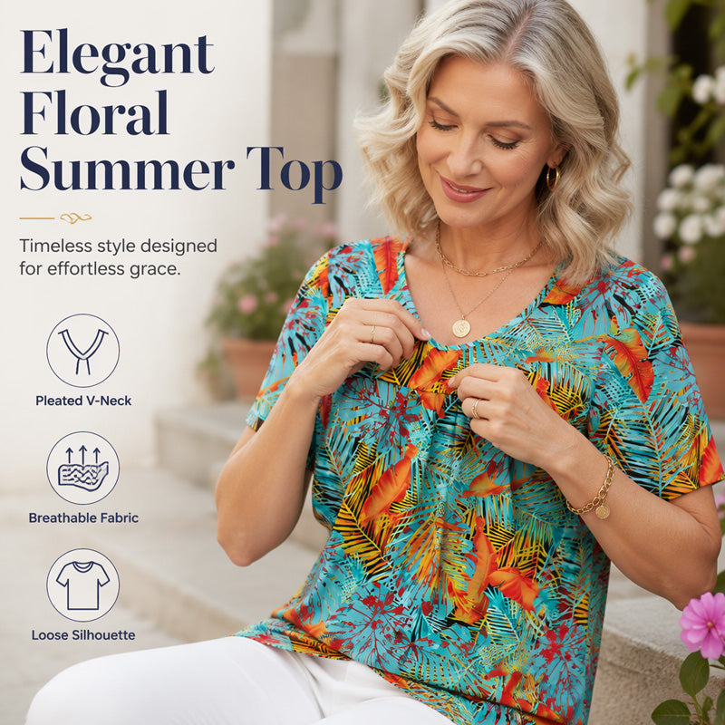 🎉 Soldes 2026 — Plus de 35 000 vendus ! 🌸Top Plissé Femme Col V Imprimé – T-Shirt Casual Manches Courtes