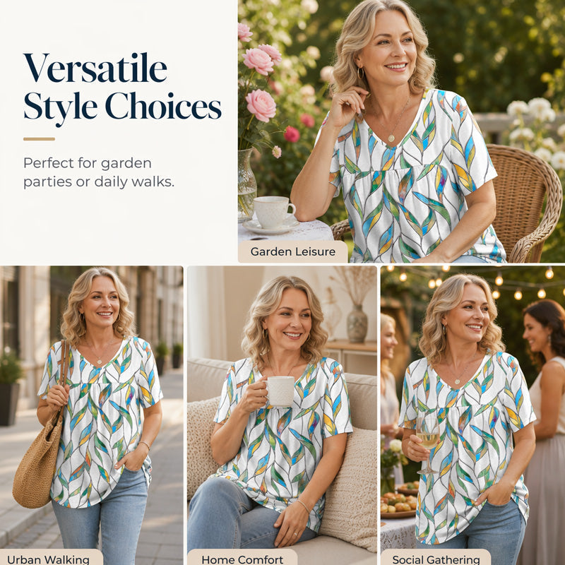 🎉 Soldes 2026 — Plus de 35 000 vendus ! 🌸Top Plissé Femme Col V Imprimé – T-Shirt Casual Manches Courtes