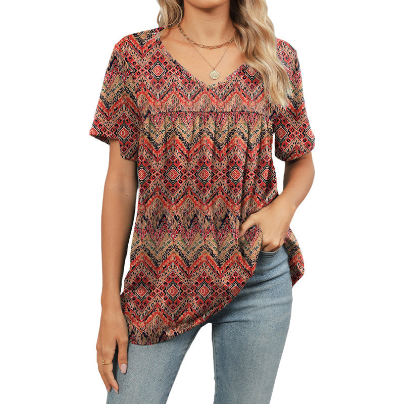 🎉 Soldes 2026 — Plus de 35 000 vendus ! 🌸Top Plissé Femme Col V Imprimé – T-Shirt Casual Manches Courtes
