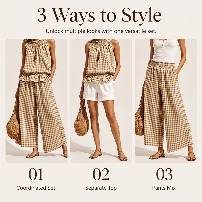 Ensemble deux pièces à carreaux pour femme - Haut sans manches à volants et pantalon large