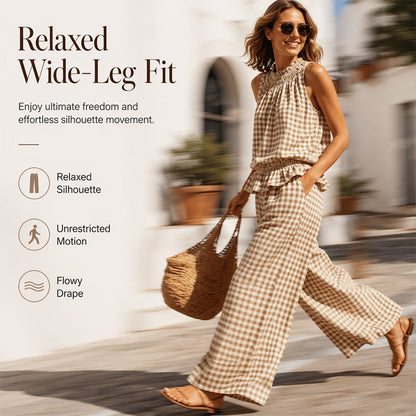Ensemble deux pièces à carreaux pour femme - Haut sans manches à volants et pantalon large