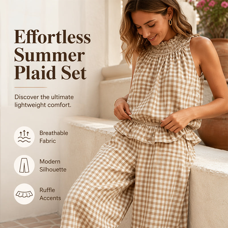 Ensemble deux pièces à carreaux pour femme - Haut sans manches à volants et pantalon large