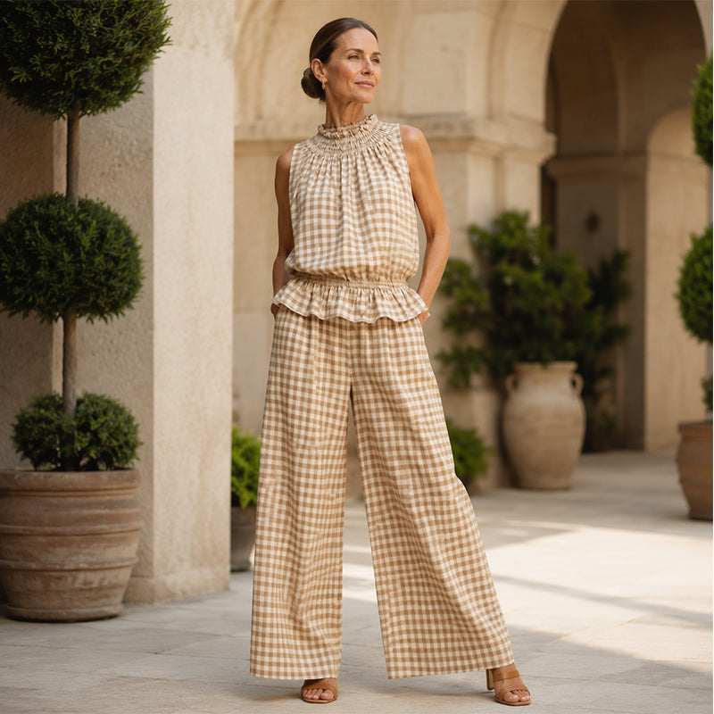 Ensemble deux pièces à carreaux pour femme - Haut sans manches à volants et pantalon large