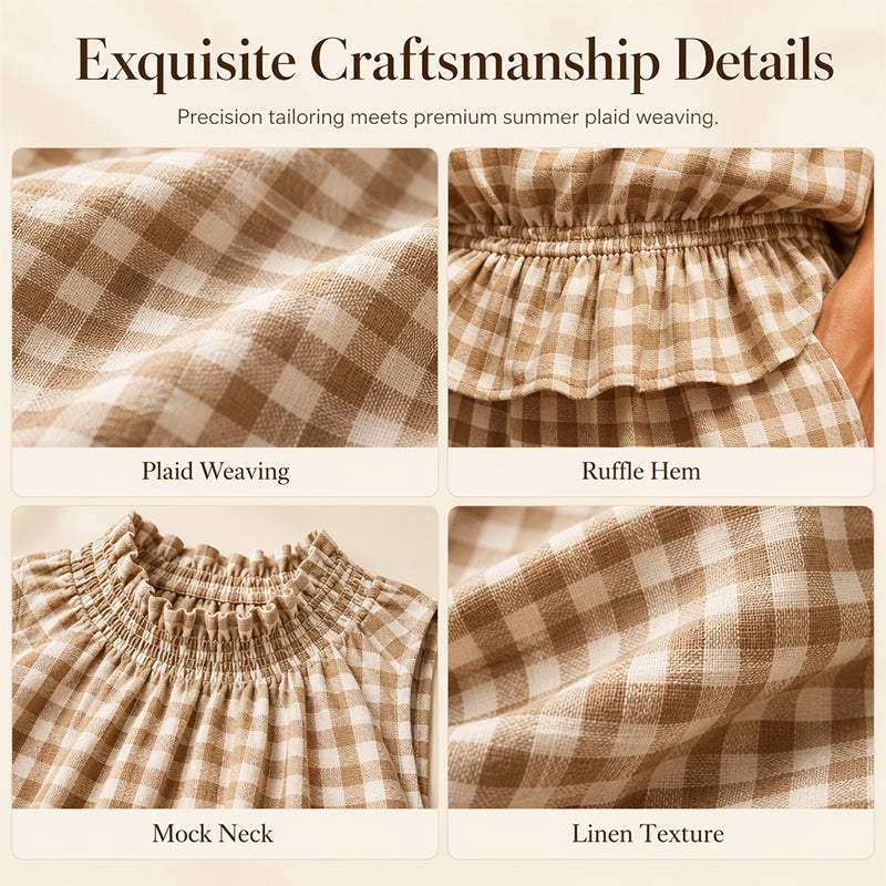 Ensemble deux pièces à carreaux pour femme - Haut sans manches à volants et pantalon large